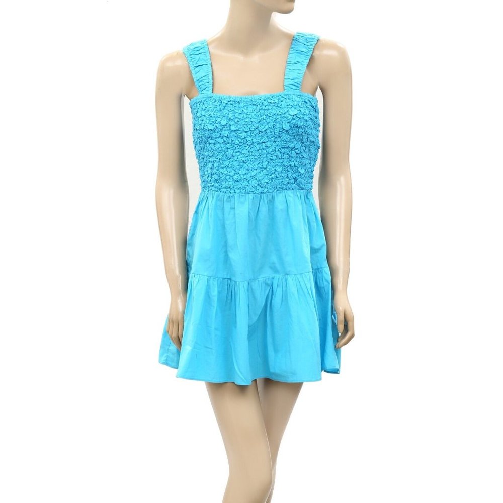 Saylor Anthropologie Smocked Solid Mini Dress Ruffle Blue Hawaii Cotton M